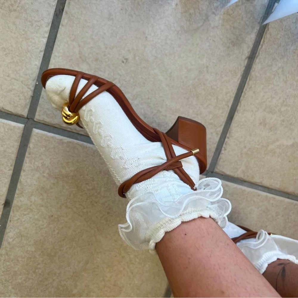 Chic Tan Strappy Heels with Gold Accent